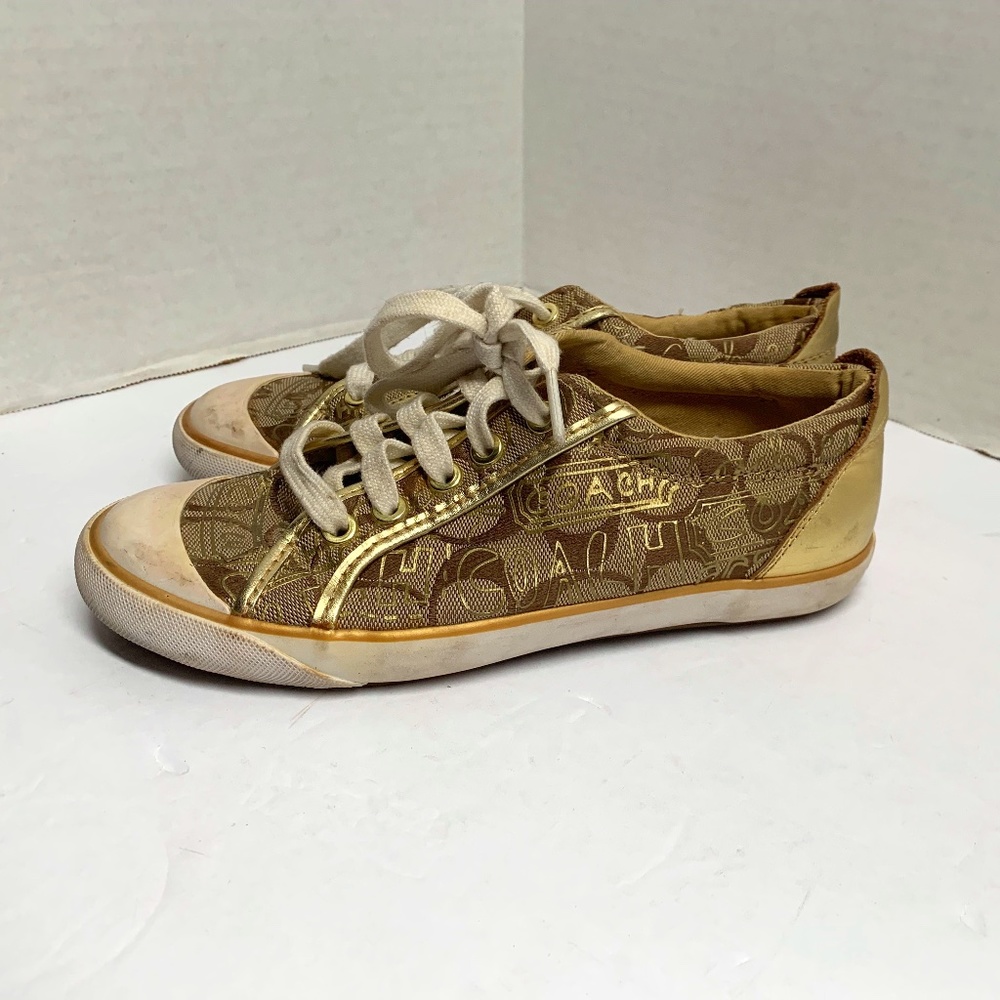 Coach Womens Sz 6 B Gold Tan Spellout Sneakers Shoes Barrett F0007/E10 Q675  Lac
